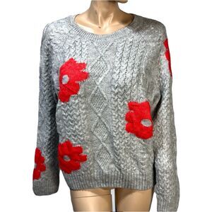 Anthropologie Gray Sweater with Red Floral Accents